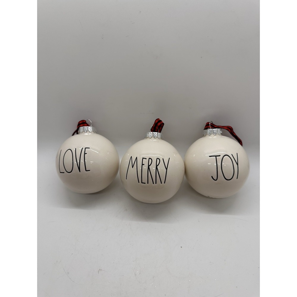 Rae Dunn Love Merry Joy Ceramic Christmas Ornaments Set of 3 Artisan Magenta